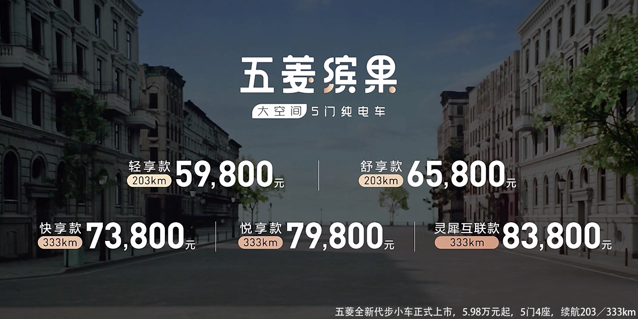 五菱全新代步小车正式上市，5.98万元起，5门4座，续航203／333km